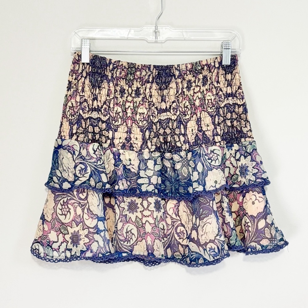 FOXIEDOX Women’s Blue Floral Tiered Chiffon Skirt Smocked Waist Fully Lined Sz L